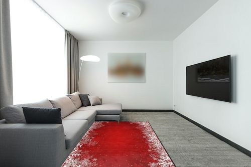 ALAZA Red Christmas Area Rugs 5x7, Snowflake Area Rugs for Living Room Bedroom, Large Area Rugs Red Christmas Snowflake Abstract 44034 in Modern Living Room with Grey Couch