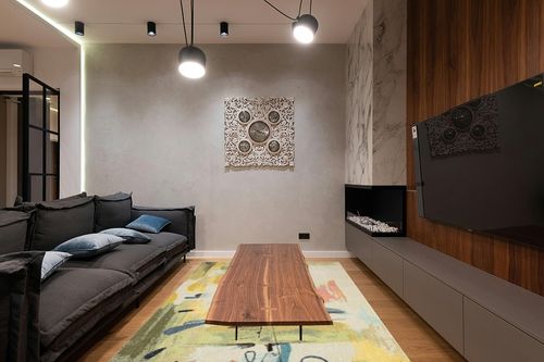 COLORWRKS Sunny Pastels Abstract Area Rug in Yellow Orren Ellis Rug Size ... in Dark Wood Living Room with Black Couch