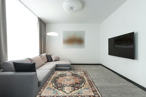 Gertmenian Boho Area Rug, 5x7 Standard Home Decor for Entryway, Bedroom, Living Room, Office, Kitchen Non Slip, Low-Pile, Printed Indoor Accent Rugs Center Medallion, Tiefi Black Multi, 28541 in Modern Living Room with Grey Couch