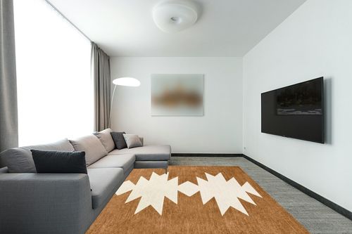 Eyely HSW110A-8 Machine Washable Chayton Minimalist Geometric Indoor Area Rug Southwestern;Bohemian;Modern;Casual, Bedroom, Kitchen, Living Room, Easy-Cleaning, Non-Shedding, 8 X 10, Rust/Cream in Modern Living Room with Grey Couch