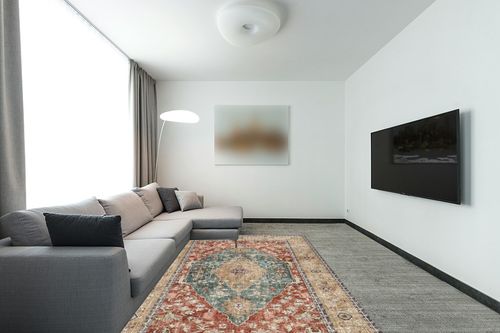 Valenrug 6x9 Area Rugs - Stain Resistant Lightweight Washable Rug, Anti-Skid Rugs for Living Room, Vintage Tribal Area Rug(Orange/Red, 6'x9') in Modern Living Room with Grey Couch