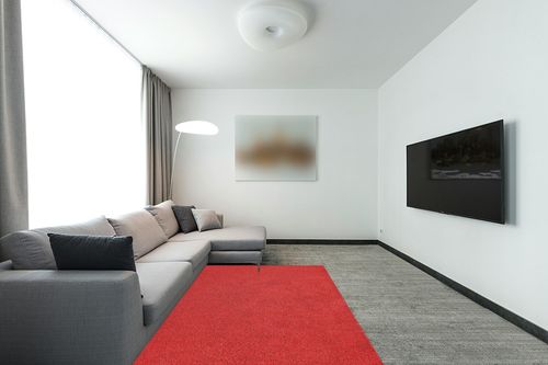 Garland Rug Skyline Shag 5 Ft. x 7 Ft. Area Rug Chili Red in Modern Living Room with Grey Couch