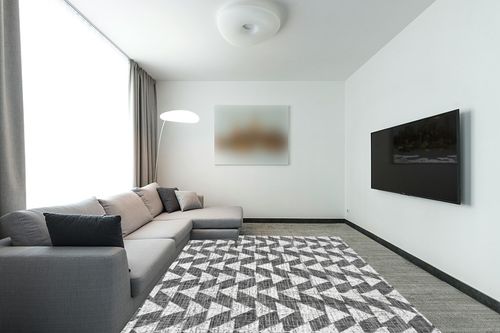 Eyely BMS126E-8 Santa Monica Andratx Modern Tribal Geometric Indoor/Outdoor Area Rug Bohemian;Rustic, Bedroom, Kitchen, Backyard, Patio, Easy-Cleaning, Non-Shedding, 8 X 10, Black/Ivory in Modern Living Room with Grey Couch