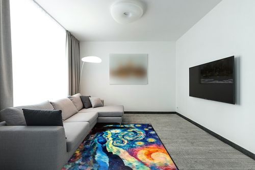DNOVING Large Non-Slip Area Rug 5x7ft Starry Night Design, Perfect for Any Room Decorative Rug in Pink, Purple, and Blue in Modern Living Room with Grey Couch