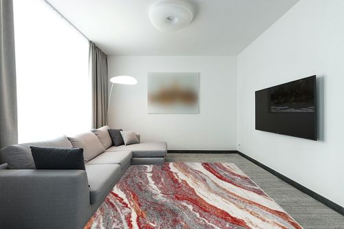 LUXE WEAVERS Lagos Collection 7983 Red 8x10 Art Deco Geometric Area Rug in Modern Living Room with Grey Couch