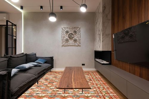 Loloi Rifle Paper Co. x Courtyard Terracotta 8'-6" x 11'-6" Area Rug in Dark Wood Living Room with Black Couch