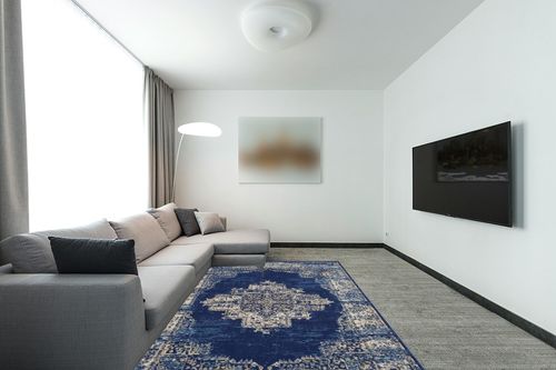 Nourison Grafix Persian Navy Blue 6' x 9' Area -Rug, Easy -Cleaning, Non Shedding, Bed Room, Living Room, Dining Room, Kitchen (6x9) in Modern Living Room with Grey Couch