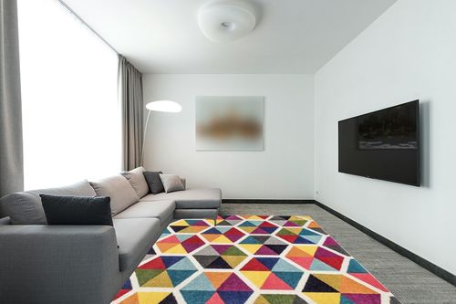 nuLOOM Maris Colorful Geometric Tiles Area Rug, 8' x 10', Multi in Modern Living Room with Grey Couch