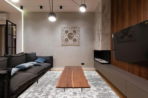 nuLOOM Deedra Modern Abstract Area Rug, 7' 6" x 9' 6", Grey in Dark Wood Living Room with Black Couch