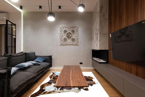 ecowhides 100% Genuine Brazilian Cowhide Rug - Brindle White Belly - Luxury Cowskin Leather Area Rug Decor, (X-Large) 7 x 6 ft in Dark Wood Living Room with Black Couch