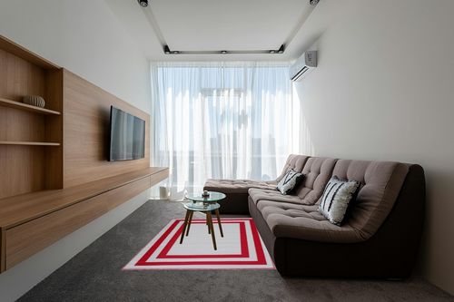 Playa Outdoor Rug - Crease-Free Recycled Plastic Floor Mat for Patio, Camping, Beach, Balcony, Porch, Deck - Weather, Water, Stain, Lightweight, Fade and UV Resistant - Paris- Red & White (5'x7') in Grey Living Room with Brown Couch