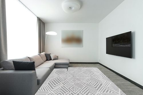 JONATHAN Y SBH103A-8 Jordan High-Low Pile Art Deco Geometric Indoor Outdoor Area-Rug Bohemian Contemporary Easy-Cleaning Bedroom Kitchen Backyard Patio Porch Non Shedding, 8 ft x 10 ft, White/Black in Modern Living Room with Grey Couch