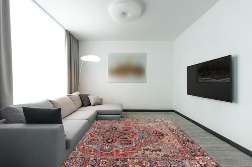 Artistic Weavers Reeta Printed Medallion Area Rug,7'6" x 9'6",Bright Red/Wheat in Modern Living Room with Grey Couch