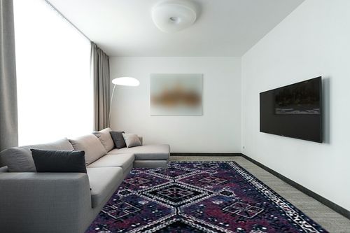 SAFAVIEH Vintage Hamadan Collection Area Rug - 9' x 12', Purple & Black, Oriental Distressed Design, Non-Shedding & Easy Care, Ideal for High Traffic Areas in Living Room, Bedroom (VTH293V) in Modern Living Room with Grey Couch