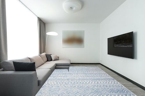 SAFAVIEH Micro-Loop Collection Area Rug - 9' x 12', Blue & Ivory, Handmade Moroccan Boho Tribal Wool, Ideal for High Traffic Areas in Living Room, Bedroom (MLP502M) in Modern Living Room with Grey Couch