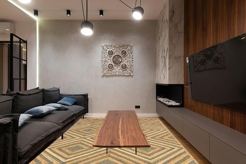 Rugs USA x Lauren Liess Dogwood Tiled Jute Area Rug, 8x10, Natural in Dark Wood Living Room with Black Couch