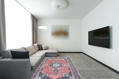 JONATHAN Y WSH201B-5 Bausch Bohemian Distressed Chenille Machine-Washable Indoor Area Rug, Classic, Mid-Century, Rustic for Bedroom,Kitchen,Living Room,Non Shedding,Easy-Washing, Pink, 5 X 8 in Modern Living Room with Grey Couch