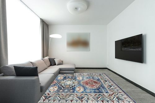 COZYLOOM Boho Area Rug 8x10 Distressed Rug Oriental Floral Soft Plush Indoor Carpet for Living Room Bedroom Aesthetic Accent Rug Cozy & Fluffy Faux Wool Rug Non-Slip Non-Shedding Blue in Modern Living Room with Grey Couch