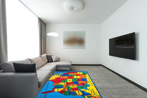 Kids Rug USA Map Area Rug 5x7 (Approx : 4'11" X 6' 10") Non Slip Gel Backing in Modern Living Room with Grey Couch
