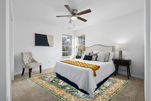 Forest Green/Light Blue Rug Non shedding, Stain Resistant, Pet friendly in White and Yellow Modern Bedroom