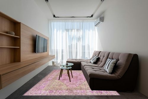 Well Woven Nile Gila Machine Washable Vintage Bohemian Medallion Oriental Pink Flat-Weave Distressed 7'7" X 9'6" Area Rug in Grey Living Room with Brown Couch
