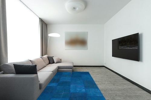 BESPOKY 5'1" x 7'7" (154x230 Cm) Teselya Blue Patchwork Wool Handmade Area Rug in Modern Living Room with Grey Couch