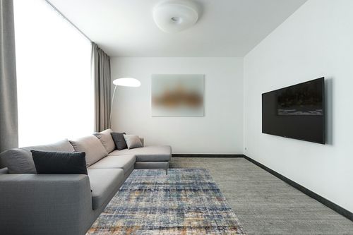 Ziebarth Abstract Blue Area Rug Williston Forge Rug Size: Rectangle 5' x 7'8" in Modern Living Room with Grey Couch