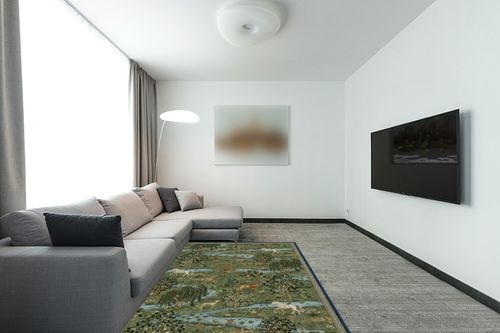 RUGGABLE x Morris & Co Washable Rug - Perfect Bohemian Area Rug for Living Room Bedroom Kitchen - Non-Slip, Child Friendly, Stain & Water Resistant - Owl & Willow Green 5'x7' (Standard Pad) in Modern Living Room with Grey Couch