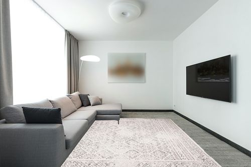 SAFAVIEH Tulum Collection Area Rug - 8' x 10', Ivory & Grey, Moroccan Boho Distressed Design, Non-Shedding & Easy Care, Ideal for High Traffic Areas in Living Room, Bedroom (TUL264A) in Modern Living Room with Grey Couch