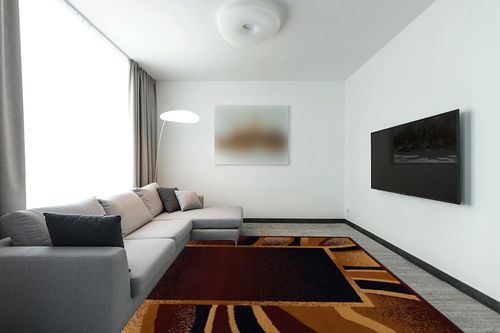 Home Dynamix Premium Rizzy Contemporary Abstract Border Area Rug, Brown/Beige, 7'8"x10'7" in Modern Living Room with Grey Couch