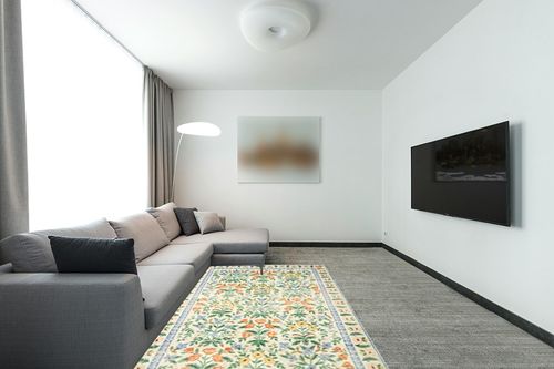Loloi Rifle Paper Co. x Eden Mughal Garden Cream 5'-0" x 7'-6" Area Rug in Modern Living Room with Grey Couch