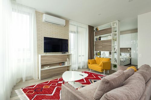 SAFAVIEH Farmhouse Collection 8' x 10' Red/Gold FMH599Q Moroccan Boho Tassel Area Rug in Light Modern Living Room with TV