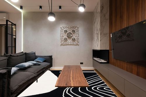 SAFAVIEH Rodeo Drive Collection Area Rug - 9' x 12', Black & Ivory, Handmade Mid-Century Modern Abstract Wool, Ideal for High Traffic Areas in Living Room, Bedroom (RD860Z) in Dark Wood Living Room with Black Couch