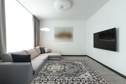 Antep Rugs Oriental 8x10 Traditional Medallion Indoor Area Rug Siesta (Gray Beige, 7'10" x 10') in Modern Living Room with Grey Couch