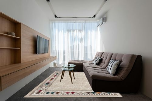Antep Rugs Alfombras Modern Bordered 8x10 Non-Skid (Non-Slip) Low Profile Pile Rubber Backing Indoor Area Rugs (Beige, 7'10" x 10') in Grey Living Room with Brown Couch
