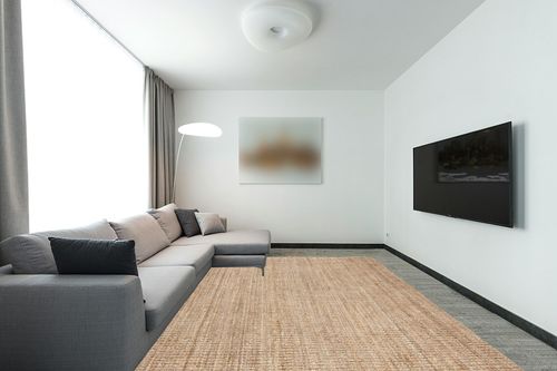 SAFAVIEH Natural Fiber Collection Area Rug - 9' x 12', Natural, Handmade Chunky Textured Jute 0.75-inch Thick, Ideal for High Traffic Areas in Living Room, Bedroom (NF447A) in Modern Living Room with Grey Couch