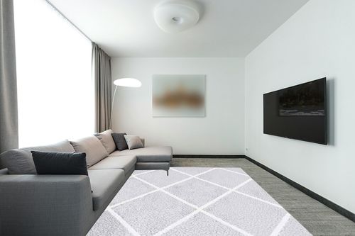 SAFAVIEH Tahoe Shag Collection Area Rug - 8' x 10', Light Grey & White, Trellis Design, Non-Shedding & Easy Care, 1.2-inch Thick Ideal for High Traffic Areas in Living Room, Bedroom (THO676F) in Modern Living Room with Grey Couch