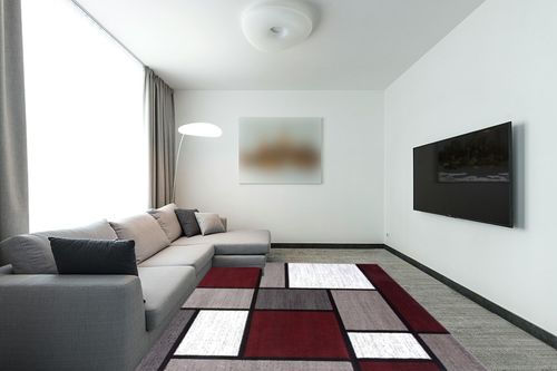 Rugshop Contemporary Modern Boxes Area Rug 7' 10" X 10' 2" Red in Modern Living Room with Grey Couch