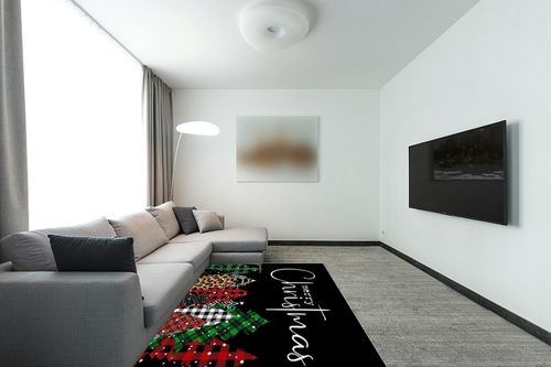 Merry Christmas Area Rug for Living Room Bedroom 5x8, Large Runner Rug Carpet Washable Rugs Non-Shedding Floor Cover Mat for Kitchen Dining Kids Room Decor Christmas Tree Black Texture in Modern Living Room with Grey Couch