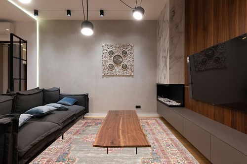 Nourison Passion Grey 8' x 10' Area-Rug, Boho, Traditional, Easy-Cleaning, Non Shedding, Bed Room, Living Room, Hallway (8x10) in Dark Wood Living Room with Black Couch