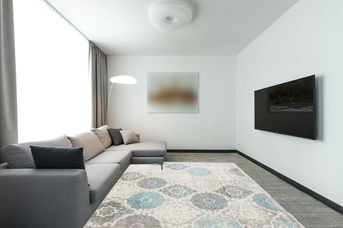 ‎Grey/Blue ‎Classic ‎Fade Resistant, Stain Resistant ‎Kitchen, Bedroom, Living Room, Home Office, Dining Room ‎Area Rug in Modern Living Room with Grey Couch