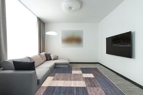 Modern Boxes Design Non-Slip (Non-Skid) Area Rug 8 x 10 (7' 10" x 10') Blue in Modern Living Room with Grey Couch