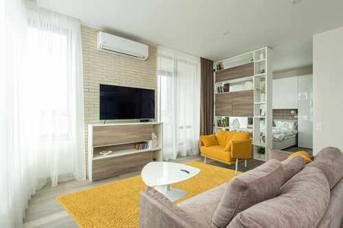 Yellow 6x9 Shag Rug in Light Modern Living Room with TV