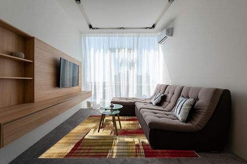 Unique Loom Barista Collection Area Rug - Timor (7' 10" x 10' Rectangle, Multi/ Red) in Grey Living Room with Brown Couch