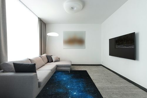 Mohawk Home Kids Playroom Boys Area Rug, Interstellar Blue (5' x 8') in Modern Living Room with Grey Couch