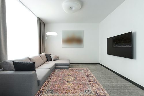SAFAVIEH Illusion Collection Area Rug - 6' x 9', Light Purple & Purple, Vintage Distressed Viscose Design, Ideal for High Traffic Areas in Living Room, Bedroom (ILL700A) in Modern Living Room with Grey Couch