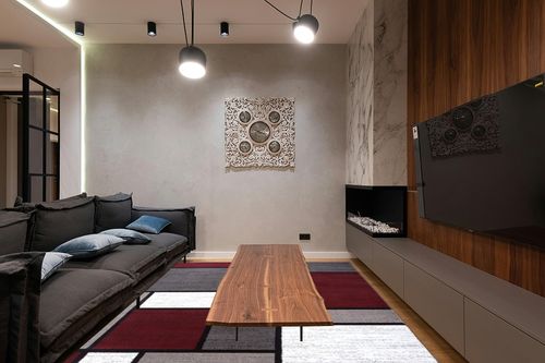 Rugshop Contemporary Modern Boxes Area Rug 7' 10" X 10' 2" Red in Dark Wood Living Room with Black Couch