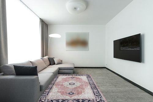 Creative Home Ideas Printed Chenille Area Rugs - for Bedroom, Kitchen, Living Room, Entryway, Hallway, Playroom - Non Skid & Washable - 5' x 7' - Constance Pattern, Constance Blush Pink in Modern Living Room with Grey Couch