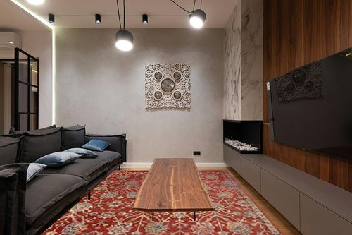 Loloi Giada 9'-0" x 12'-0" Area Rug in Red/Multi - Traditional Accent Rug, Modern Color Rug for Living Room, Bedroom, Entryway & Hallway, No Shed High Traffic Home Décor in Dark Wood Living Room with Black Couch