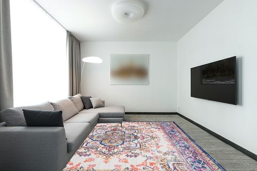 Garvee 8x10 Area Rug Vintage Bohemian Washable Area Rug Indoor Medallion Floor Carpet Rug Stain Resistant Foldable Accent Rug Lightweight Kitchen Living Room Bedroom Dining Room, Multi in Modern Living Room with Grey Couch
